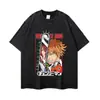 Camiseta estampada, lavada e com efeito desgastado, manga curta, estilo anime japonês, retrô, oversized, ombro caído, modelagem solta, top moderno de meia manga, disponível em estoque