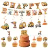 Vehículo de Construcción Tema de Cumpleaños Excavadora Escena de Dibujos Animados Montaje Set Banderín Decoración Suministros Suministros para Fiesta