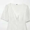 Vestido Corto de Verano Sexy con Escote en V, Botones al Frente, Calado Bordado, Mangas Cortas, Estilo Europeo y Americano, Ceñido a la Cintura, Ajustado, para Vacaciones