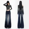 2026 Calça de Ferradura Azul-Cinza Não Grudante Elástica Micro-Flare Jeans Feminino Outono Emagrecedor Azul-Cinza Nove Pontos Azul