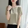 Nova Camisa Base T-shirt Tricotada de Manga Curta Feminina Cor Sólida Tencel Linho Bainha Dobrada Decote V de Alta Costura Pronta para Vestir Primavera/Verão 2026