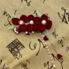 Pasador de Flor de Terciopelo Rojo para Mujer, Accesorio para el Cabello Exquisito de Alta Gama, Pinza para el Cabello de Perla Estilo Antiguo, Pinza de Pato