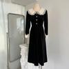 Toma real en stock Vestido negro pequeño de terciopelo retro francés con encaje para mujer Falda interior para debajo