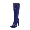 Botas Talla Grande 48 Punta Aguda 40 Hebilla de Cinturón Botas de Caballero Botas de Moda Tacón Alto Sexy Zapatos de Mujer Remache Cremallera Lateral Mujer Negro
