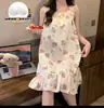 Nueva Camisola de Pijama con Almohadillas para el Pecho Estilo Ins Verano Delgada Sin Mangas Celebridad de Internet Dulce Bata de Noche de Longitud Media Ropa para el Hogar Mujer