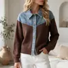 Jaqueta Cardigan de Tricô Patchwork em Jeans com Senso de Design Europeu e Americano de Alta Qualidade para Mulheres 2026 Chegada Nova de Outono Top