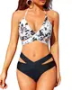 Traje de baño de dos piezas para mujer 2025 Nuevo Europeo y Americano de Color Floral Combinado Cintura Alta Bikini Bikini de Amazon