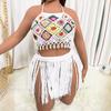 Conjunto de Top con Tiras de Ganchillo Puro Irregular con Bloques de Color y Borla Larga para Falda F1497-200119