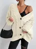 Suéter de Malha Trançada Estilo Europeu e Americano Transfronteiriço para Mulheres, Elegante e Casual, Caimento Solto, Estilo Preguiçoso, Mangas Sino Caneladas, Cardigã de Tricô