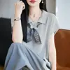 Camiseta base de punto de verano para mujer, estilo francés, con cuello, manga corta, seda de hielo, delgada, corte ajustado, cuello polo, top versátil y chic