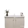 Gabinete de baño estilo francés, color crema, pastoral, con lavabo, iluminación ambiental, espejo, tocador integrado y lavabo integrado de cerámica, popular en línea