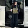 Conjunto de Dos Piezas para Niñas: Chaleco de Punto Rayado Colorido Estilo Coreano Nuevo Otoño y Top de Manga Larga Ajustado con Pantalones Cargo