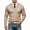 Camiseta masculina transfronteiriça, estilo europeu e americano, outono/inverno, decote V profundo, tricô jacquard pesado, cor sólida, camiseta de manga longa casual