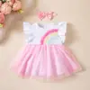 Macacão Vestido de Renda Arco-Íris para Bebê Menina com Conjunto de Faixa para Festa de Primeiro Aniversário