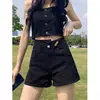 Shorts de Mezclilla Negros de Cintura Alta Estilo Línea A para Mujer, Estilo Delgado de Verano 2025 Nuevos Shorts de Largo Medio Talla Grande para Mujeres Curvilíneas, Hot Pants Adelgazantes