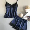 Pijama de Alça 2019 para Mulheres Verão Sexy Seda Gelada Conjunto de Duas Peças com Shorts de Seda Push-Up Tamanho Grande Fino Roupa de Casa