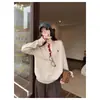 Suéter Tejido Bordado de Cachorro Perezoso Americano Estilo Primavera Cuello Henley Botón Manga Larga Mujer Otoño Invierno Bloque de Color Parte Inferior