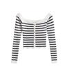 Nuevo Suéter de Punto Rayado en Contraste para Mujer Otoño e Invierno 2024, Cuello de Una Línea, Manga Larga, Puro Deseo, Sexy, Ajustado, Hombros Descubiertos