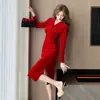 Novo Vestido Elegante de Gola Simples, Estilo Francês, Emagrecedor, para Mulheres Baixinhas, Vestido de Veludo Preto
