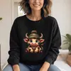 Sudadera de Cuello Redondo para Mujer, Talla Europea, Top Lindo con Estampado de Vaca de Dibujos Animados, Venta al por Mayor de Deseos de Amazon, Negro