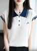 Playera de Solapa Bordada de Manga Corta para Mujer Verano 2025 Nueva Camiseta Básica Color Contrastante Estilo Extranjero Reductor de Edad Top de Punto para Mujer