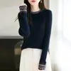 Suéter Delgado Jacquard de Cuello Redondo Estilo Étnico para Mujer Otoño e Invierno Combinación de Colores Retro Camisa de Capa Inferior Top Tejido de Punto de Manga Larga