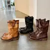 Versión de cuero, 5 cm de aumento de altura, color retro lavado, punta redonda, texturizados, botas de montar hasta la pantorrilla para mujer, nuevo estilo 2026