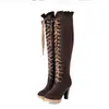 Botas Martin de salto alto no atacado, botas de camurça com cadarço de cano alto, botas femininas plataforma bico redondo estilo coreano, tamanho grande F65