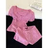 Pijama de Rayas Rosas Estilo Dulce Coreano Simple para Mujer Primavera y Verano Mangas Cortas Pantalones Cortos Conjunto Adelgazante para el Hogar
