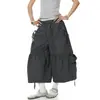 Calças cargo cropped femininas estilo retrô americano com cordão, pregas e bolsos grandes, novo estilo de verão, shorts tipo lanterna soltos, na moda