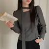 Blusa versátil de estilo coreano para otoño, chic francés con lazo de cinta, mangas abullonadas, elegante, corte ajustado, para mujer