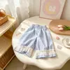 2026 Novo Estilo Calças de Verão para Meninas Estilo Coreano Xadrez Bolinhas Cereja Floral Renda Barra Soltas Estilosas Fofas Curtas