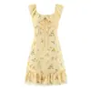 Vestido Retro de Estilo Francés con Estampado de Cuadros Dulce, de Encaje, con Cordones, Volantes, Manga Corta y Ribete de Encaje, con Cintura ceñida para Mujer