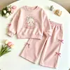Conjunto Dulce Casual de Dos Piezas para Bebé Niña con Estampado Retro de Dibujos Animados, Lazo, Top y Pantalones Rectos, Primavera y Otoño, En Stock