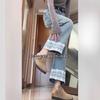 Jeans Cropped Azul Claro com Acabamento de Renda Feminino 2025 Primavera Novo Design Pera Cintura Alta Calça Reta