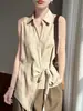 Nuevo Chaleco Cardigan sin Mangas para Mujer Primavera/Verano 2026 de Tencel y Lino con Cuello Polo Bloque de Color Cintura con Cordón de Amarre Top
