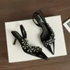 Sandálias de Salto Agulha Bico Fino com Flor de Strass Preto para Mulheres com Fivela de Uma Tira, Sapatos Elegantes de Salto Alto para Festa