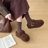 Pantuflas de algodón peludo para exteriores con suela gruesa, apertura poco profunda, invierno 2026, pantuflas de pelo para mujer, estilo coreano, cálidas, que aumentan la altura, marrones