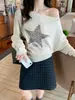 SUSAN Top de Punto Asimétrico de Manga Larga Holgado Estilo Coreano Otoño Estampado de Leopardo Remaches de Estrella Adelgazante para Mujer 6669s
