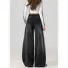Jeans Wide Leg Preto e Cinza Versátil com Padrão de Estrelas e Strass para Mulheres, Novo Estilo Primavera 2026, Calça de Caimento Solto com Barra Curva até o Chão