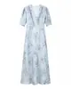 Vestido de moda feminino de verão novo, transfronteiriço europeu e americano, com toque de luxo leve, vestido estilo francês plissado estampado com decote V, feito de poliéster
