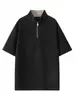 Camiseta de Manga Corta con Cuello Alto a Cuadros de Peso Pesado con Media Cremallera para Hombre, Marca de Moda Primavera y Verano, Estilo Americano Holgado, Camisa Polo de Manga Corta de Moda