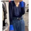 Suave diseño de viento perezoso ceroso sentido de diseño productos europeos súper atractivos azul Klein con cárdigan de punto suéter femenino invierno figura de red