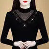 Outono e Inverno Novo Estilo Coreano Renda com Strass Hot-fix Camada de Base Moda Decotado Top Interno Elegante Meia-idade e Idosos Strass Bordado Manga Longa Feminino