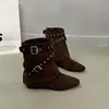 Botas Retrô Planas de Cano Médio para Mulheres, Nova Coleção de Outono 2026, Botas Western Cowboy de Bico Quadrado com Fivela de Cinto e Cano da Bota da Moda