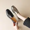 Zapatos de Mujer de Piel de Vaca 26 Nuevos de Primavera y Otoño Punta Redonda Tacón Bajo Estilo Retro Mocasines de Piel Genuina Color Negro Gunmetal