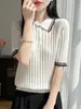 Nuevo Suéter de Punto de Lana para Mujer Otoño 2026, Corte Holgado, Canalé, Bloque de Color, Cuello Polo, Manga Corta, Suéter Casual para Mujer