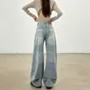 Jeans de Perna Larga com Bordado Retro Americano Feminino Outono 2026 Novo Design Sense Solto Emagrecedor Calças de Perna Reta Comprimento Total