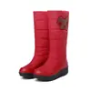 Botas de Algodón Botas de Nieve Elegantes Caña Media Comercio Exterior Botas de Tela de Plumón Pelo Grueso Botas Casuales Tacón de Cuña Conjunto de Flores Pedrería 4440 Rojo
