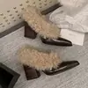 Zapatos de Piel de Vaca con Pelo y Bordes Abiertos 2025 Invierno Punta Fina Zapatos Slip-On Forrados de Felpa para Mujer Tacón Grueso Cálidos Zapatos Pequeños de Cuero de Tacón Alto